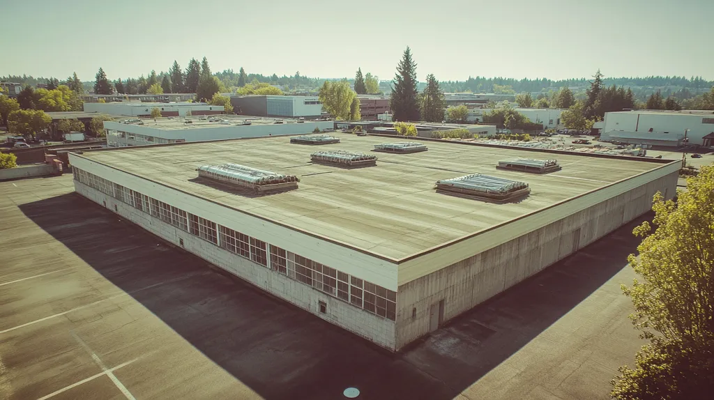 A commercial roof on a factory in a location similar to Portland with a Polaroid aesthetic (AI image)