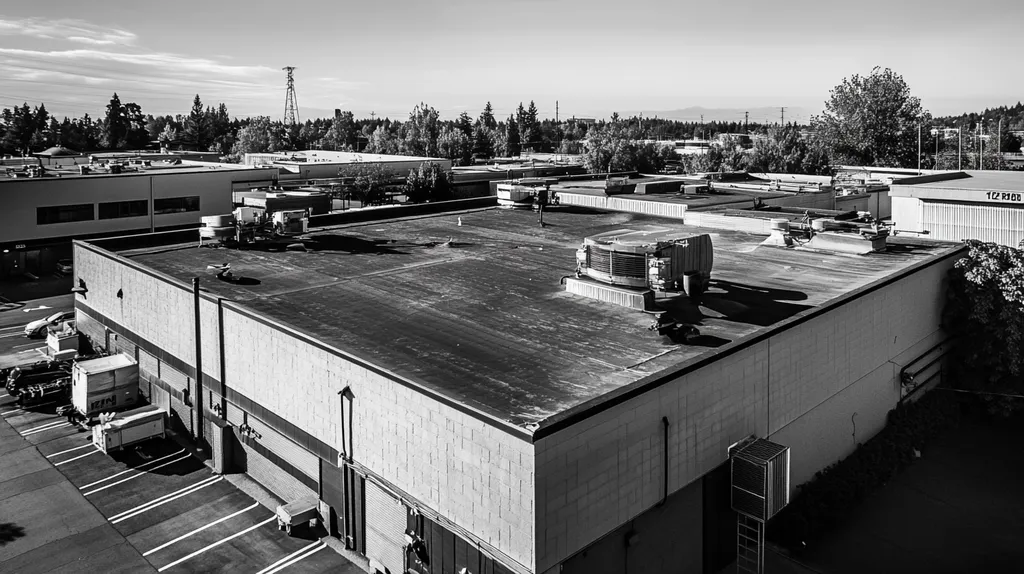 A commercial roof on a factory in a location similar to Portland with a black and white photography aesthetic (AI image)