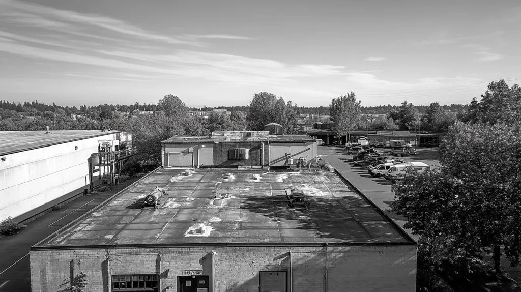 A commercial roof on a factory in a location similar to Portland with a black and white photography aesthetic (AI image)