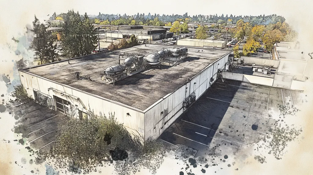 A commercial roof on a factory in a location similar to Portland with a charcoal sketch aesthetic (AI image)