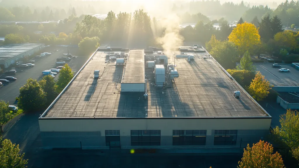 A commercial roof on a factory in a location similar to Portland with a light beams aesthetic (AI image)