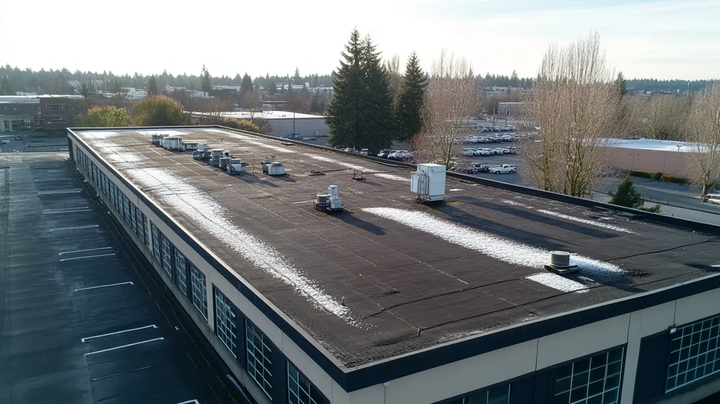 A commercial roof on a factory in a location similar to Portland with a snowy day aesthetic (AI image)