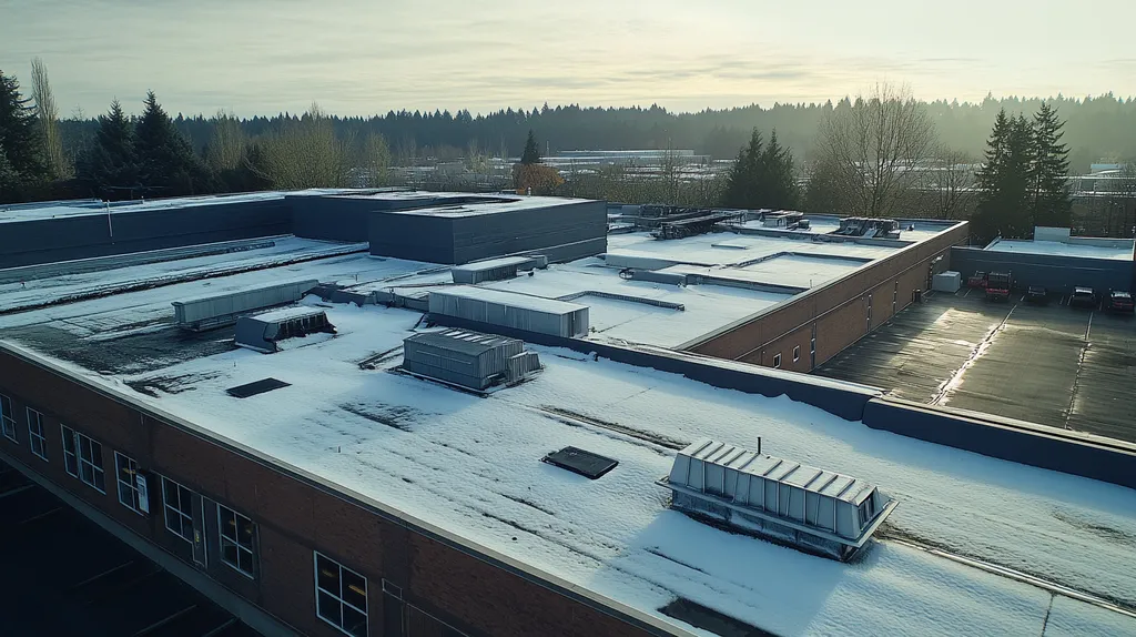 A commercial roof on a factory in a location similar to Portland with a snowy day aesthetic (AI image)