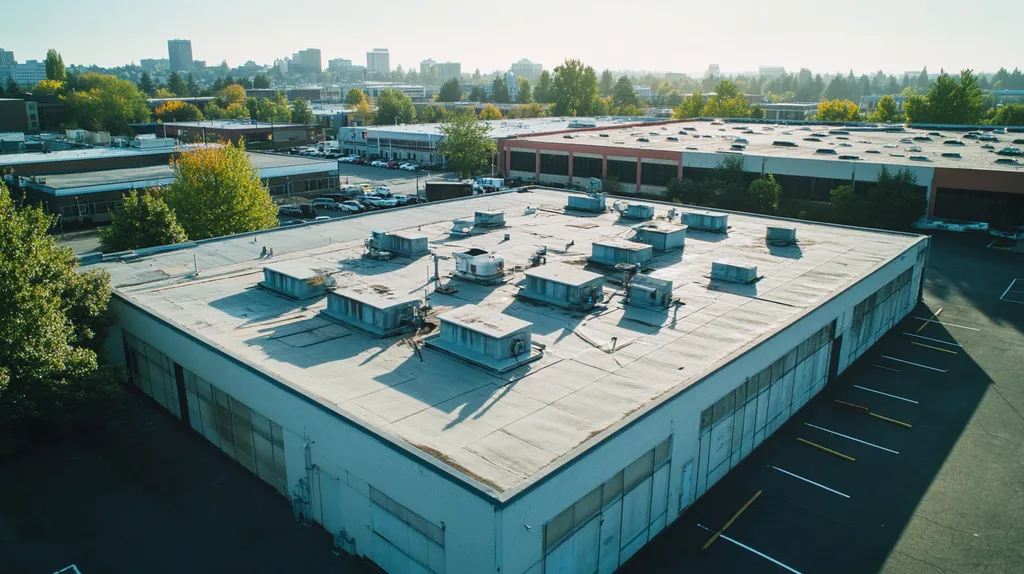 A commercial roof on a factory in a location similar to Portland with an urban context aesthetic (AI image)