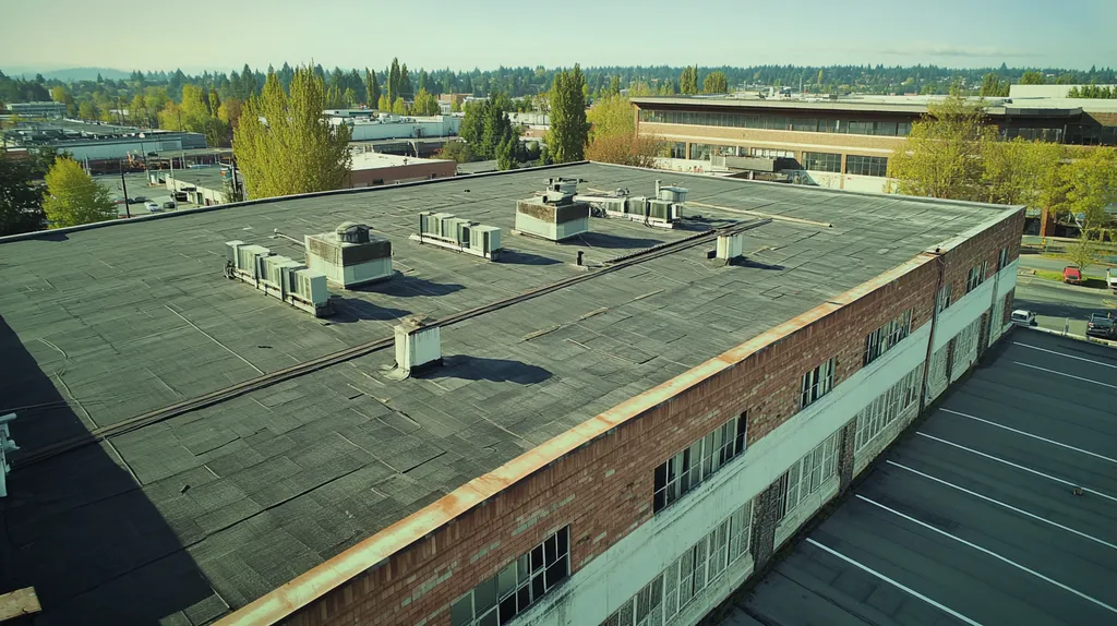 A commercial roof on a factory in a location similar to Portland with an urban context aesthetic (AI image)