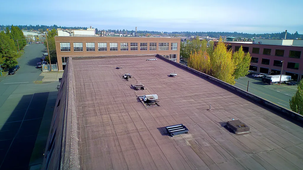 A commercial roof on a factory in a location similar to Portland with an urban context aesthetic (AI image)