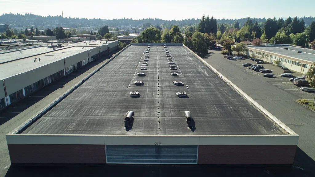 A commercial roof on a factory in a location similar to Portland with an urban context aesthetic (AI image)