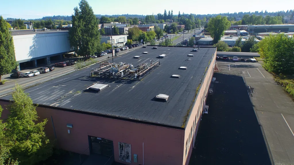 A commercial roof on a factory in a location similar to Portland with an urban context aesthetic (AI image)