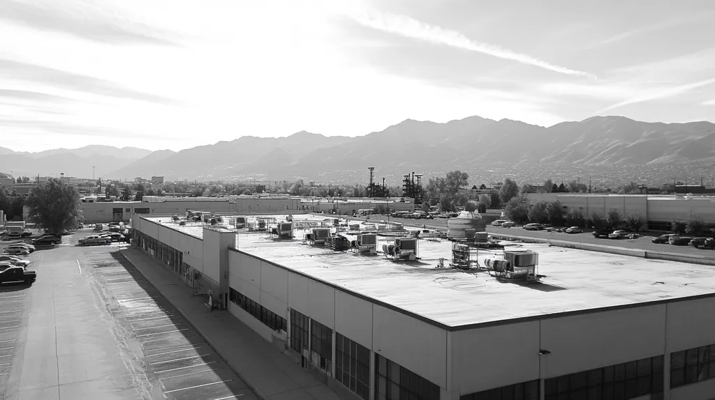A commercial roof on a factory in a location similar to Salt Lake City with a charcoal sketch aesthetic (AI image)