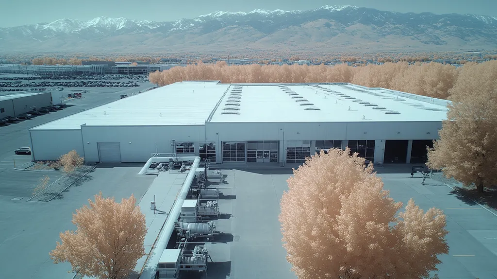 A commercial roof on a factory in a location similar to Salt Lake City with an infrared photography aesthetic (AI image)