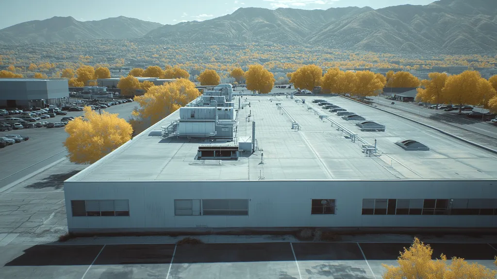A commercial roof on a factory in a location similar to Salt Lake City with an infrared photography aesthetic (AI image)