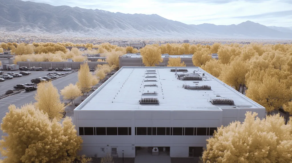 A commercial roof on a factory in a location similar to Salt Lake City with an infrared photography aesthetic (AI image)