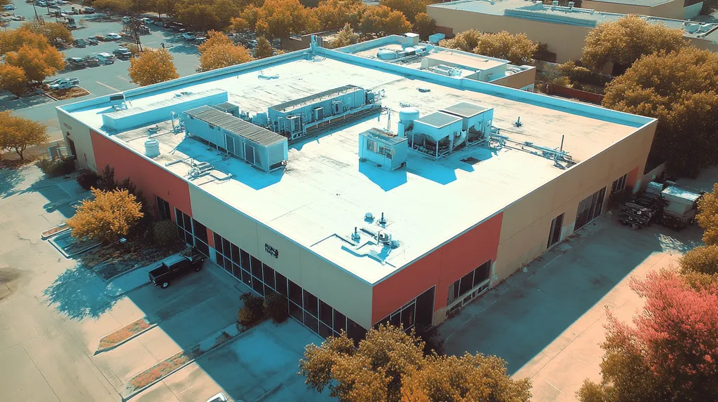 A commercial roof on a factory in a location similar to San Antonio with an infrared photography aesthetic (AI image)