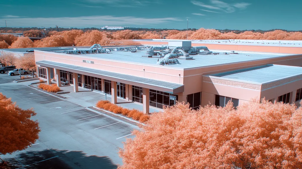 A commercial roof on a factory in a location similar to San Antonio with an infrared photography aesthetic (AI image)
