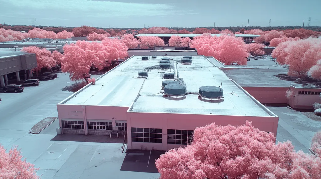 A commercial roof on a factory in a location similar to San Antonio with an infrared photography aesthetic (AI image)