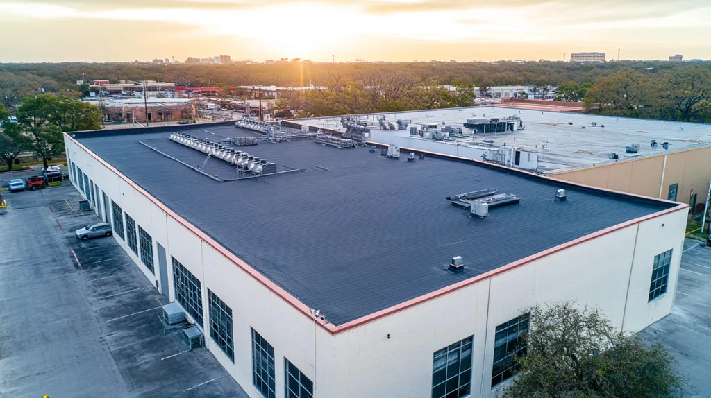 A commercial roof on a factory in a location similar to San Antonio with a light beams aesthetic (AI image)