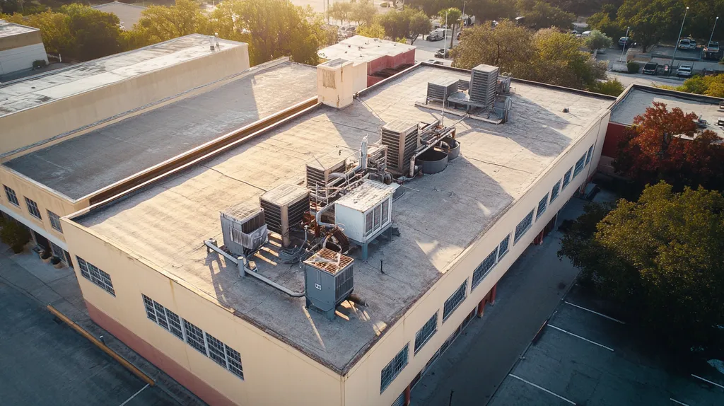 A commercial roof on a factory in a location similar to San Antonio with a light beams aesthetic (AI image)