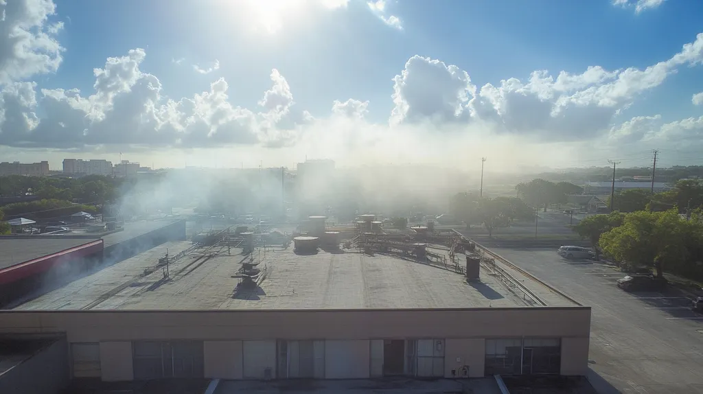 A commercial roof on a factory in a location similar to San Antonio with a light beams aesthetic (AI image)