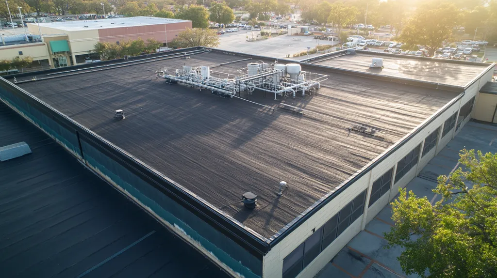 A commercial roof on a factory in a location similar to San Antonio with a light beams aesthetic (AI image)