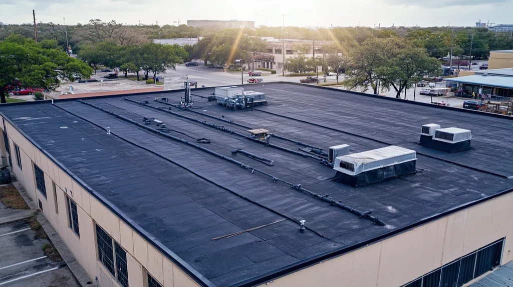 A commercial roof on a factory in a location similar to San Antonio with a light beams aesthetic (AI image)