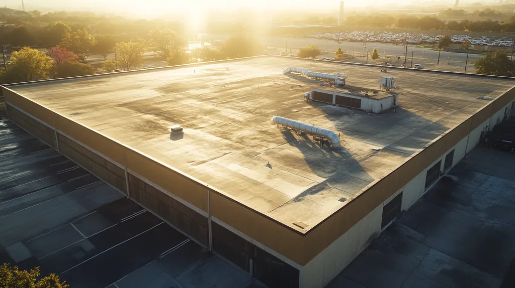A commercial roof on a factory in a location similar to San Antonio with a light beams aesthetic (AI image)