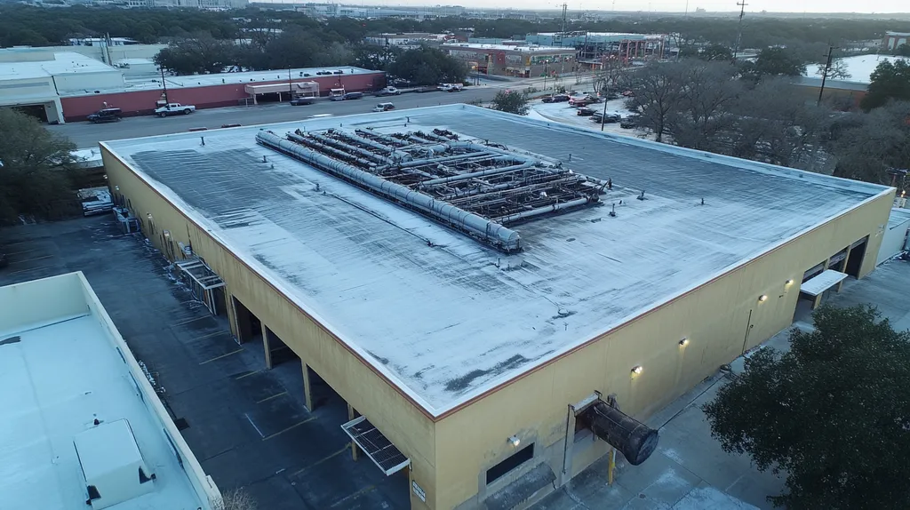 A commercial roof on a factory in a location similar to San Antonio with a snowy day aesthetic (AI image)