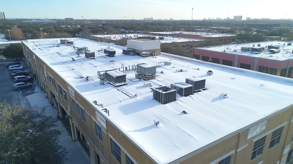 A commercial roof on a factory in a location similar to San Antonio with a snowy day aesthetic (AI image)
