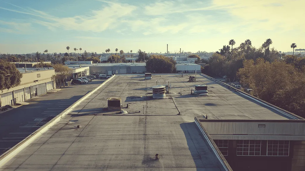 A commercial roof on a factory in a location similar to San Diego with a Polaroid aesthetic (AI image)