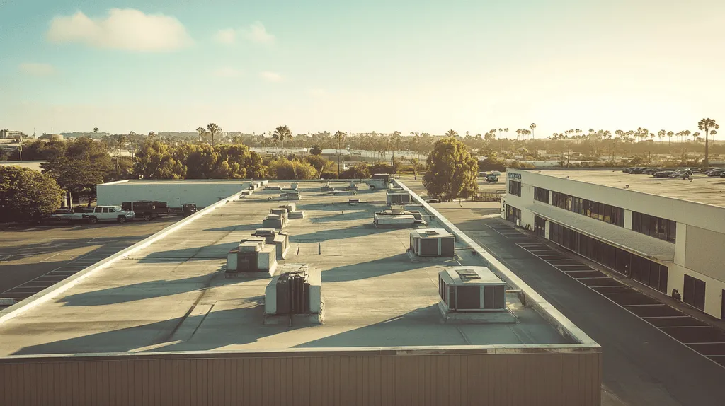 A commercial roof on a factory in a location similar to San Diego with a Polaroid aesthetic (AI image)