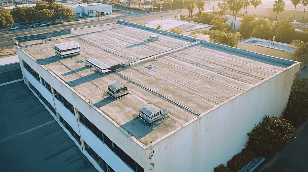 A commercial roof on a factory in a location similar to San Diego with a Polaroid aesthetic (AI image)