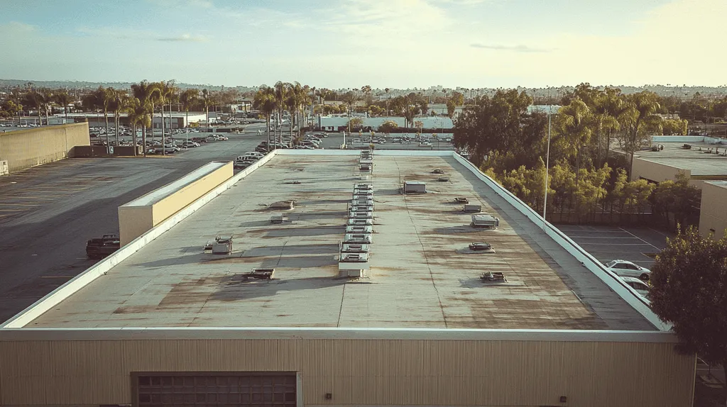 A commercial roof on a factory in a location similar to San Diego with a Polaroid aesthetic (AI image)
