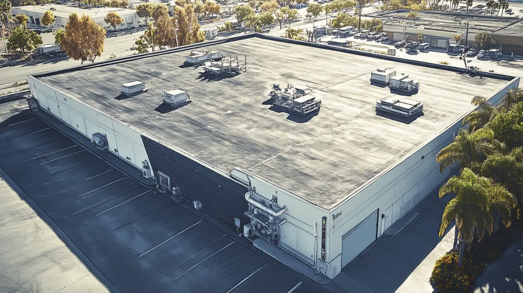 A commercial roof on a factory in a location similar to San Diego with a charcoal sketch aesthetic (AI image)