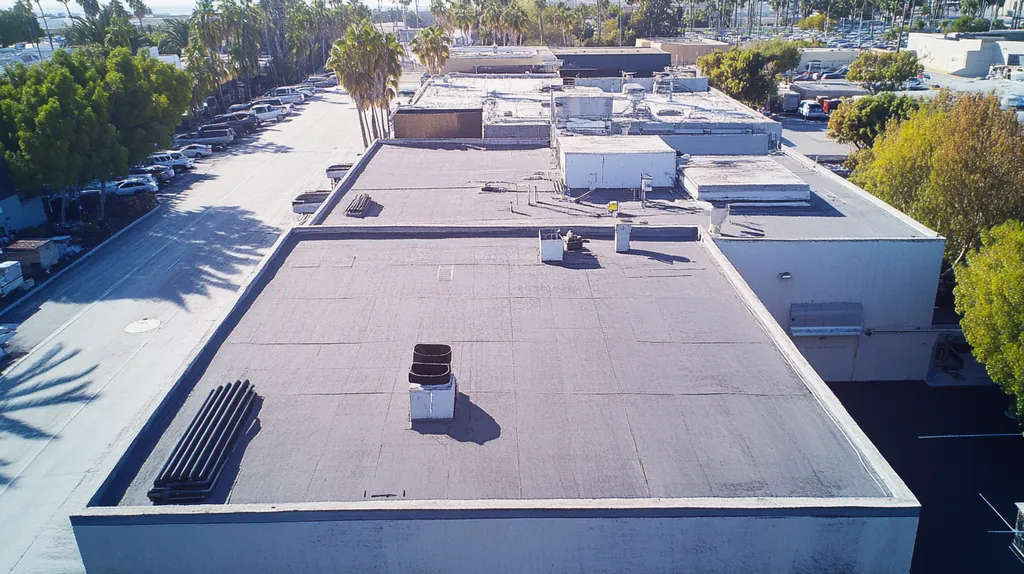 A commercial roof on a factory in a location similar to San Diego with a charcoal sketch aesthetic (AI image)
