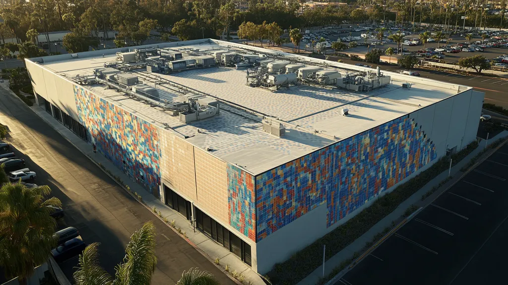 A commercial roof on a factory in a location similar to San Diego with a mosaic tile art aesthetic (AI image)