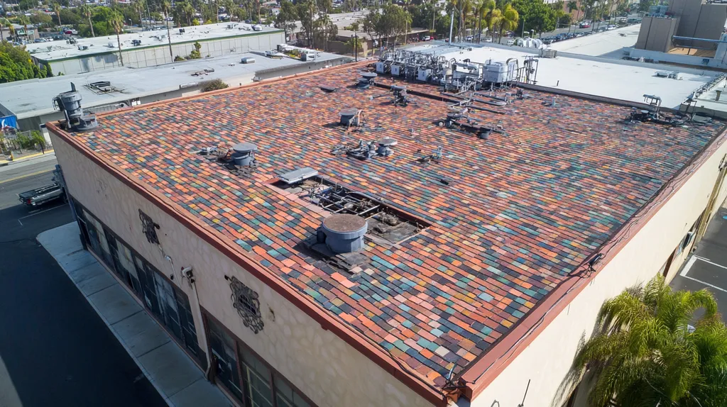 A commercial roof on a factory in a location similar to San Diego with a mosaic tile art aesthetic (AI image)