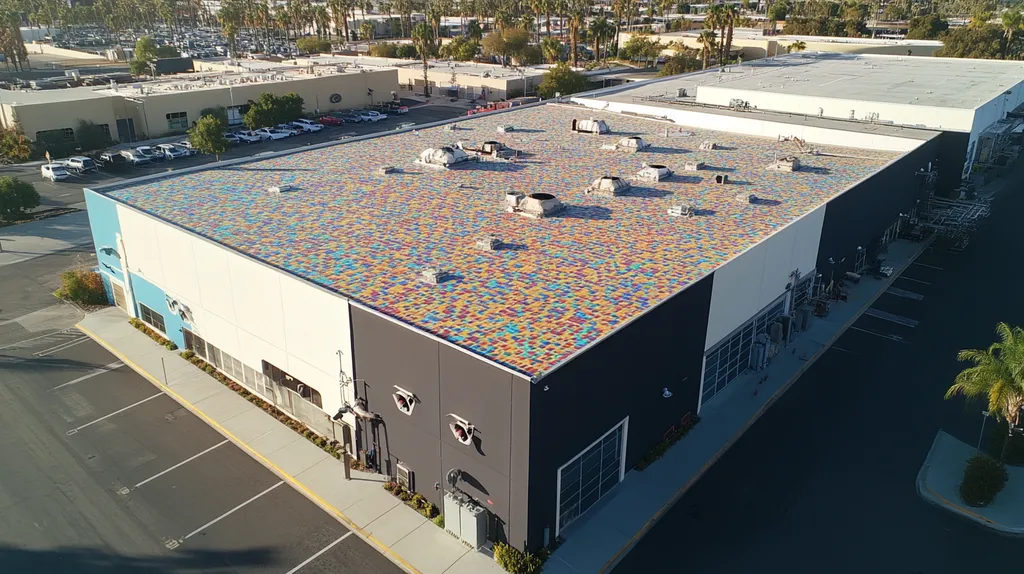 A commercial roof on a factory in a location similar to San Diego with a mosaic tile art aesthetic (AI image)