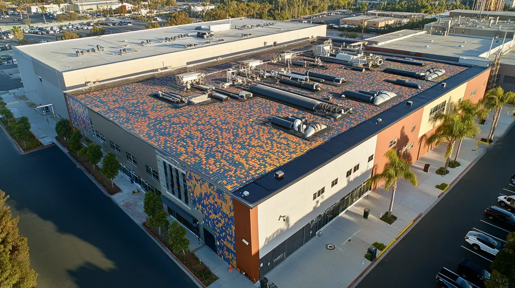 A commercial roof on a factory in a location similar to San Diego with a mosaic tile art aesthetic (AI image)