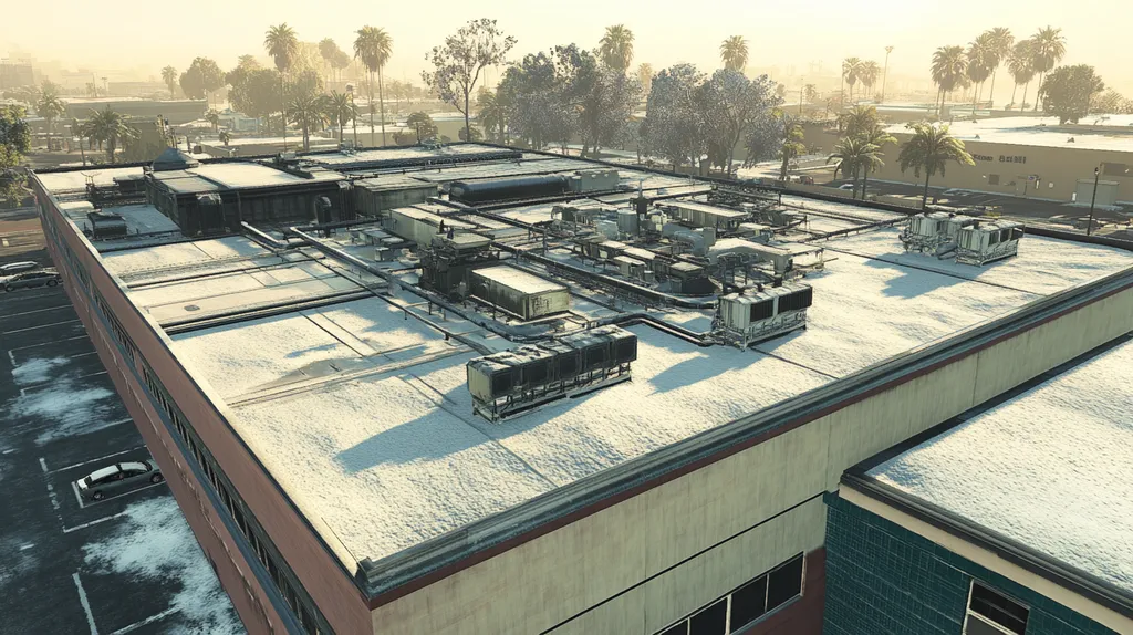 A commercial roof on a factory in a location similar to San Diego with a snowy day aesthetic (AI image)