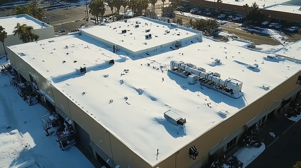 A commercial roof on a factory in a location similar to San Diego with a snowy day aesthetic (AI image)