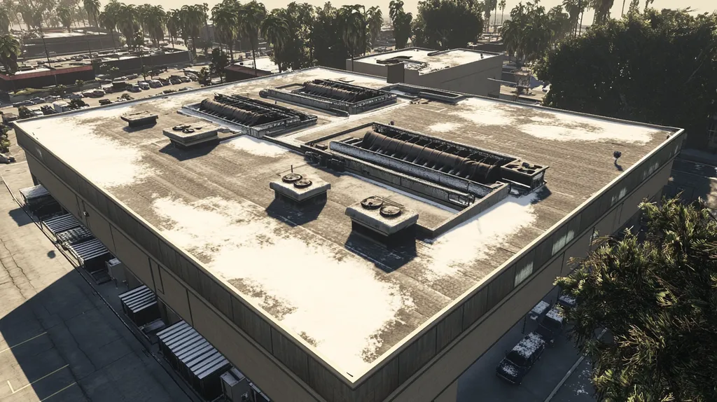 A commercial roof on a factory in a location similar to San Diego with a snowy day aesthetic (AI image)