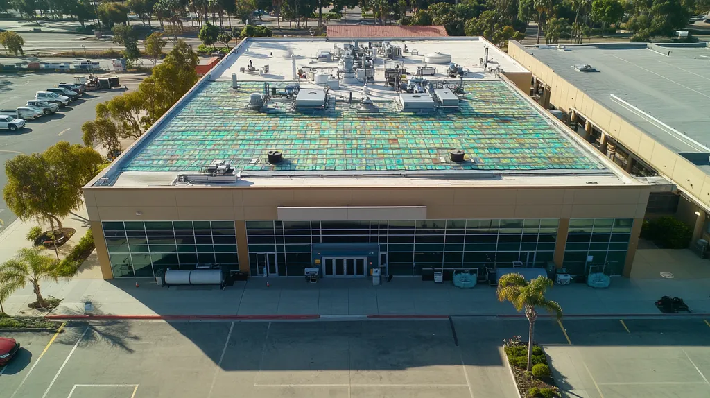 A commercial roof on a factory in a location similar to San Diego with a stained glass style aesthetic (AI image)