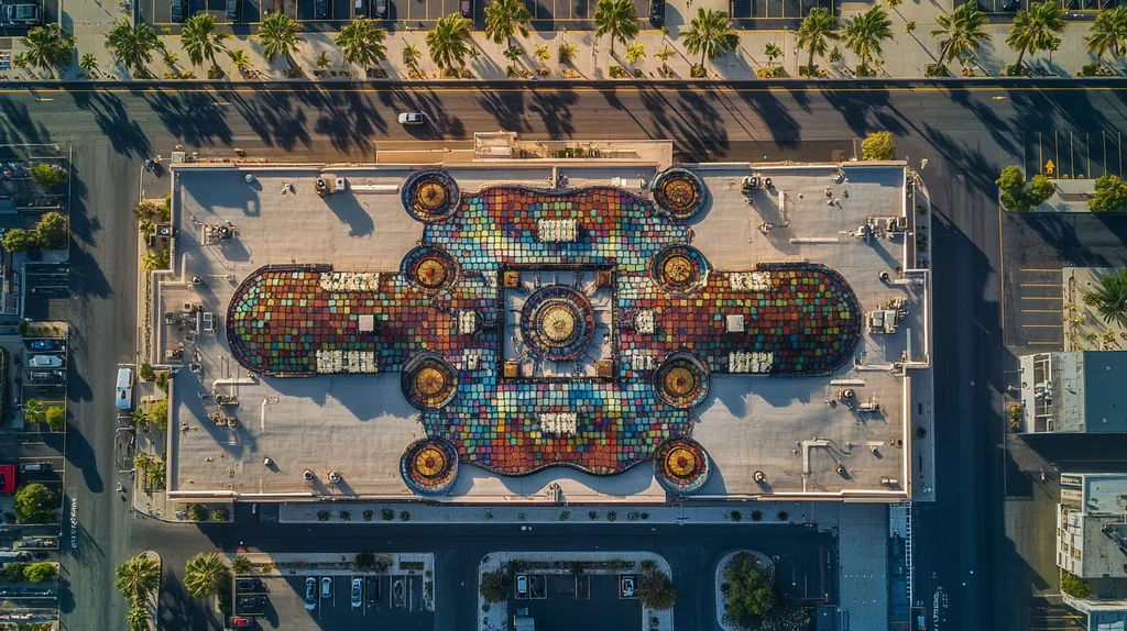 A commercial roof on a factory in a location similar to San Diego with a stained glass style aesthetic (AI image)