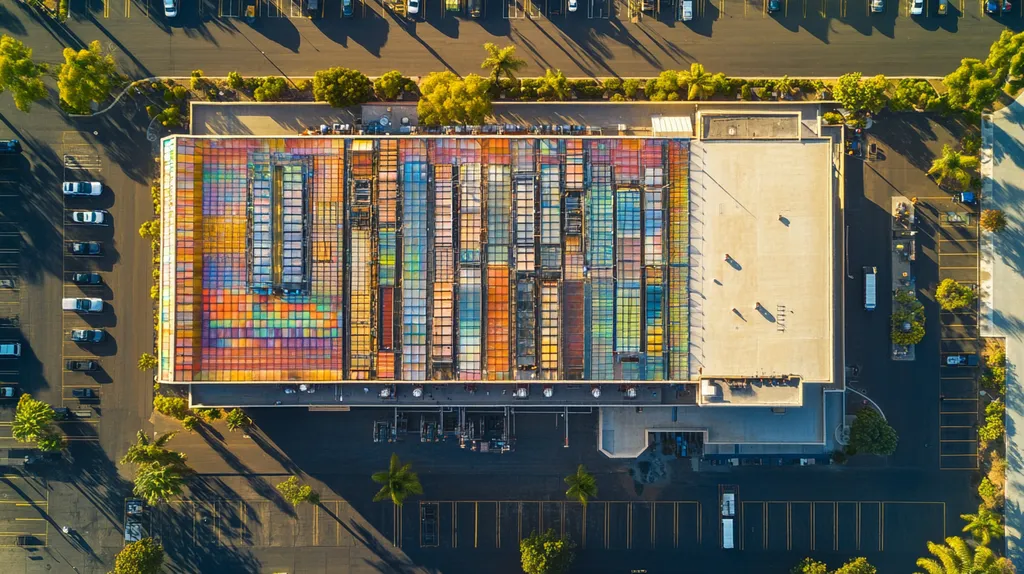 A commercial roof on a factory in a location similar to San Diego with a stained glass style aesthetic (AI image)