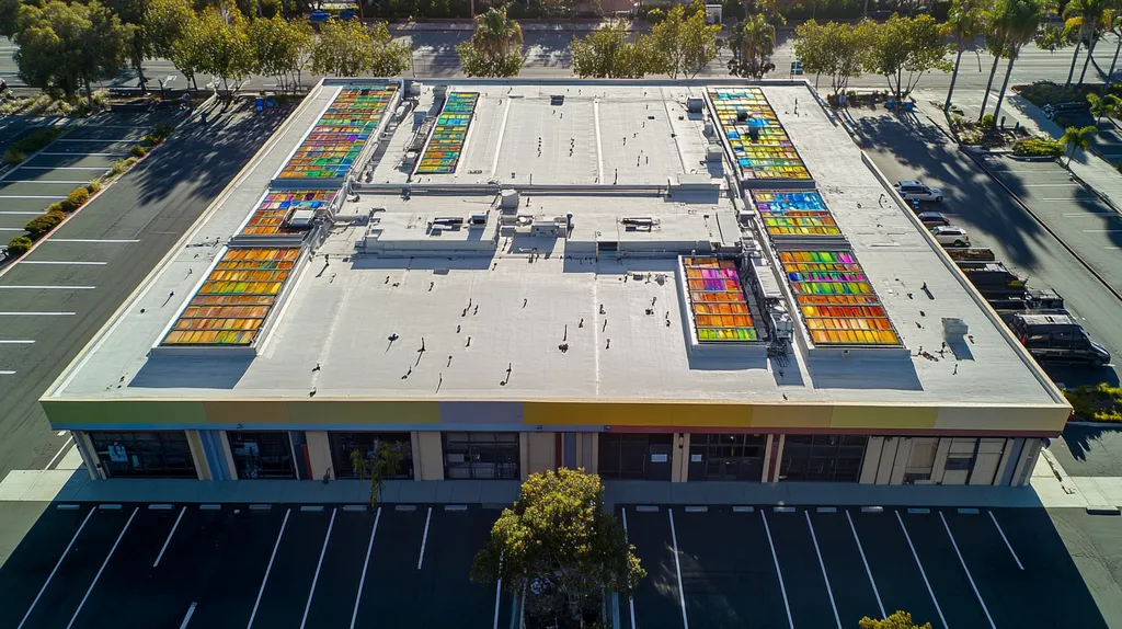 A commercial roof on a factory in a location similar to San Diego with a stained glass style aesthetic (AI image)