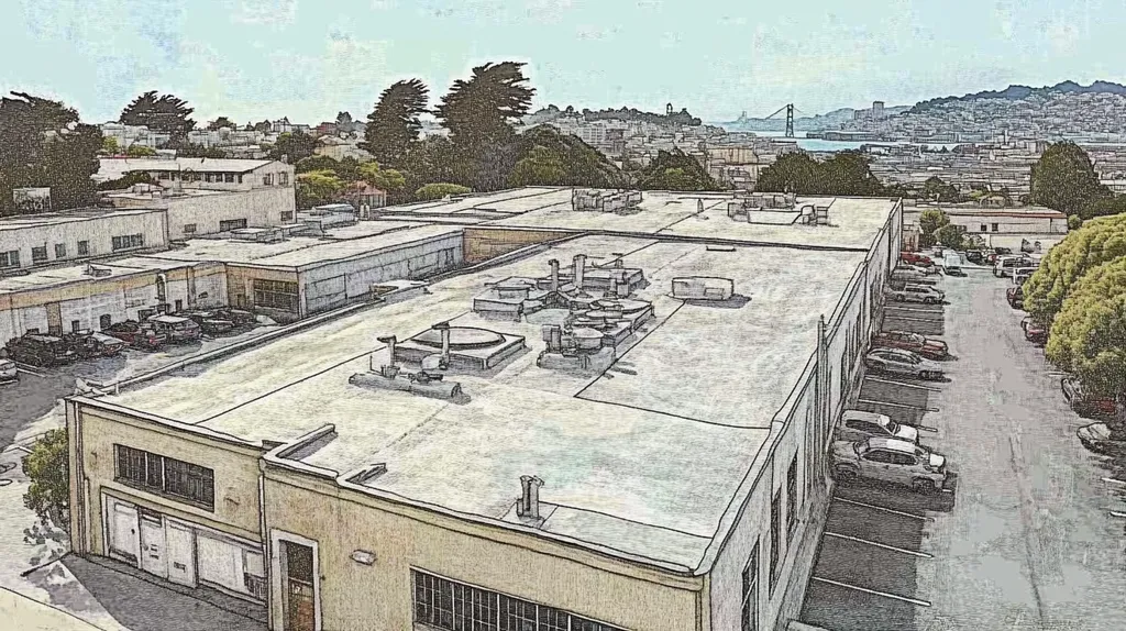 A commercial roof on a factory in a location similar to San Francisco with a charcoal sketch aesthetic (AI image)