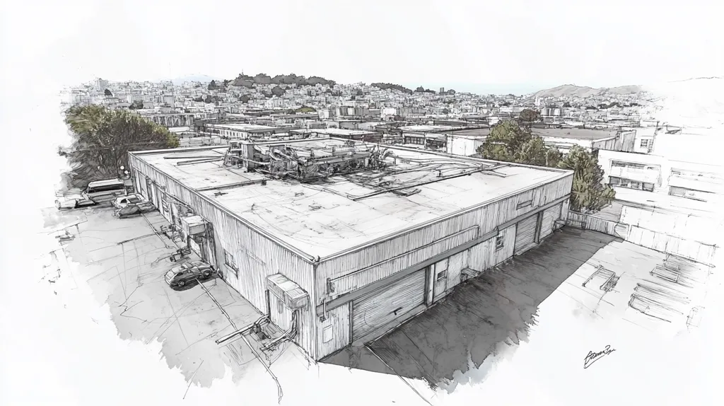 A commercial roof on a factory in a location similar to San Francisco with a charcoal sketch aesthetic (AI image)