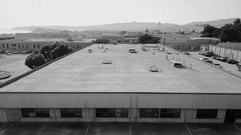 A commercial roof on a factory in a location similar to San Francisco with a charcoal sketch aesthetic (AI image)
