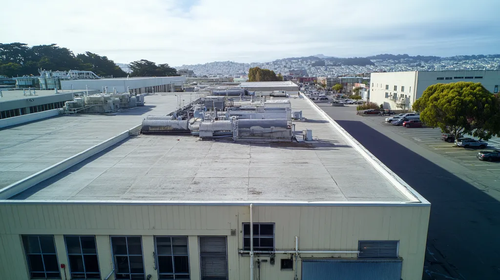 A commercial roof on a factory in a location similar to San Francisco with a cross-processed look aesthetic (AI image)
