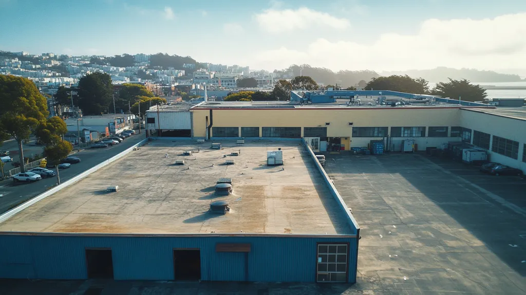 A commercial roof on a factory in a location similar to San Francisco with a cross-processed look aesthetic (AI image)