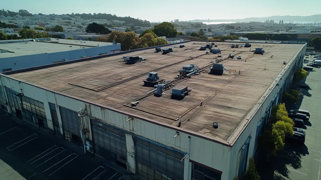 A commercial roof on a factory in a location similar to San Francisco with a cross-processed look aesthetic (AI image)